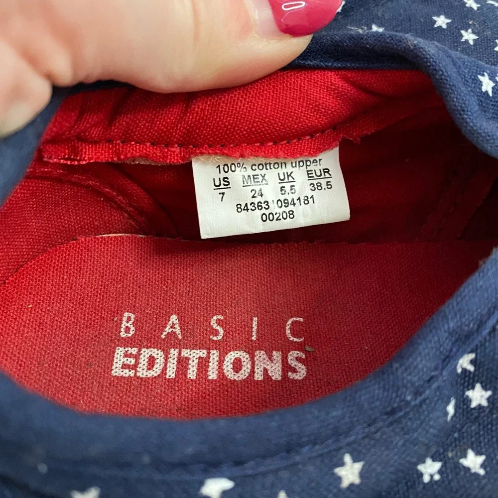 Basic‎ Editions Star Print Slip On Sneakers Womens 7 Navy Blue Canvas Flats